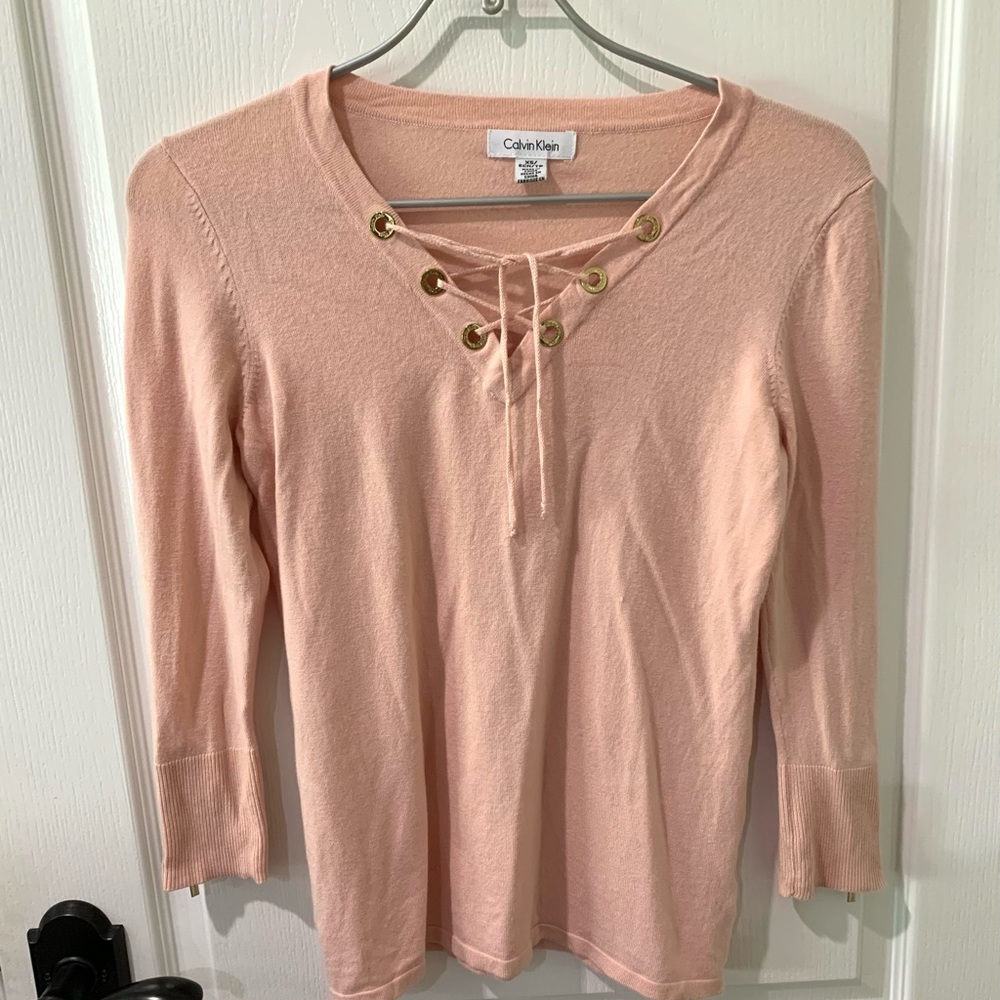Calvin Klein Boho Pink Blush 3/4 Sleeve Knit Vneck Tie Top Sz XS